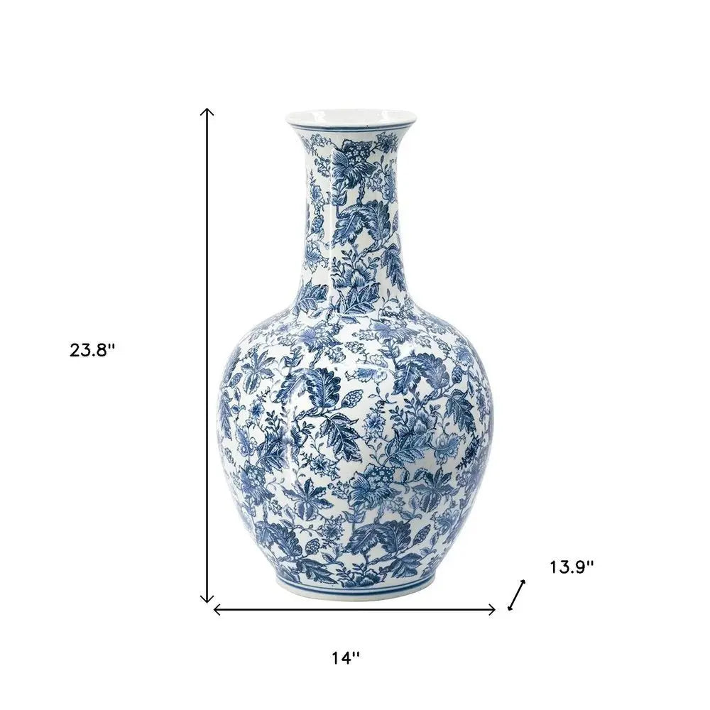 24" Blue And White Floral Curved Porcelain Table Vase - NOBLE HOME INTERIORS