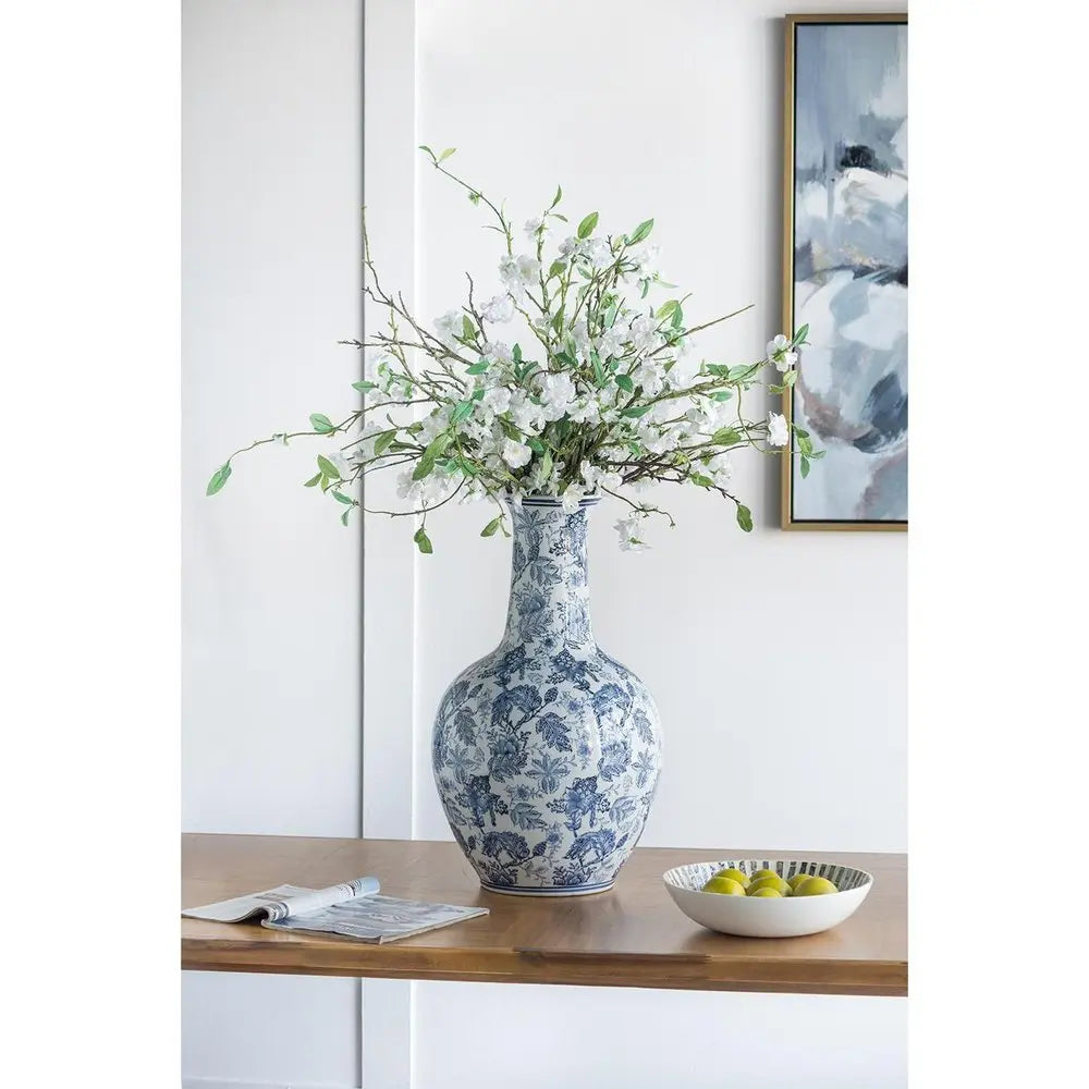 24" Blue And White Floral Curved Porcelain Table Vase - NOBLE HOME INTERIORS