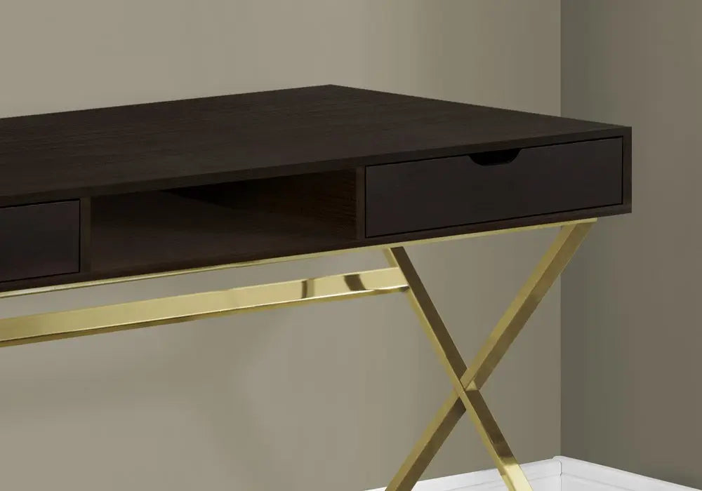 24" Dark Brown and Gold Computer Desk With Two Drawers - NOBLE HOME INTERIORS
