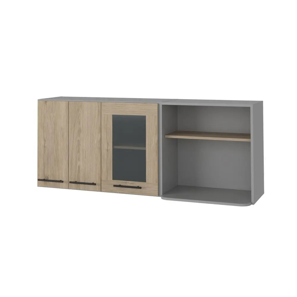 24" Gray and Natural Wood Wall Mounted Kitchen Cabinet With Three Doors - NOVA HOME FURNITURE