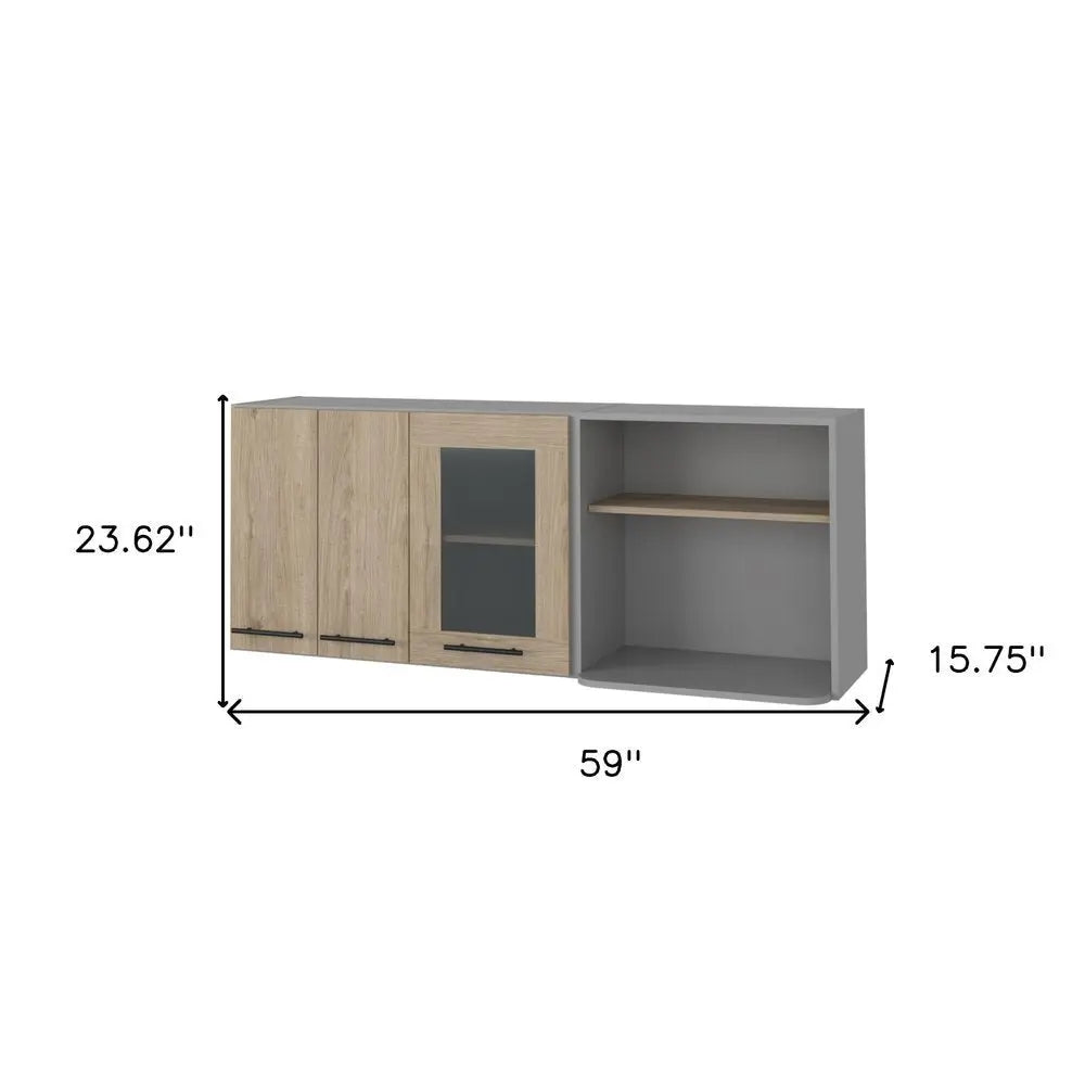24" Gray and Natural Wood Wall Mounted Kitchen Cabinet With Three Doors - NOVA HOME FURNITURE