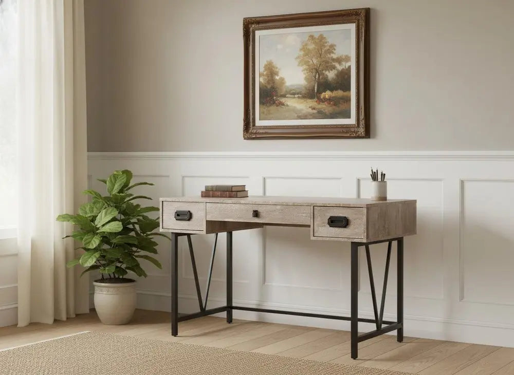 24" Taupe and Black Computer Desk With Three Drawers - NOBLE HOME INTERIORS