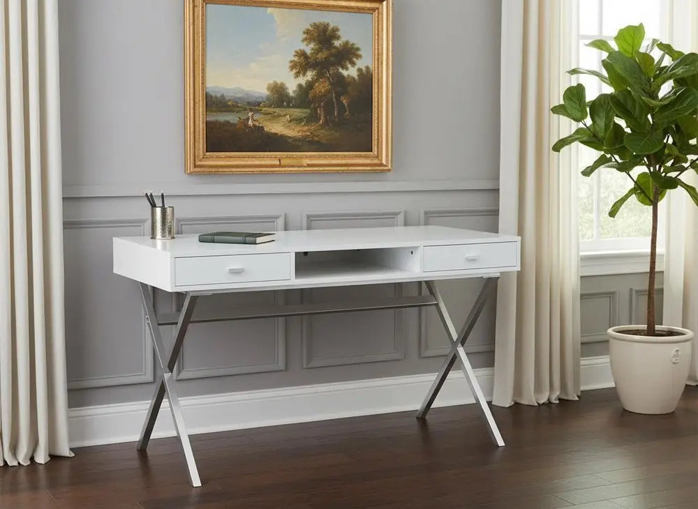 24" White and Silver Computer Desk With Two Drawers - NOBLE HOME INTERIORS