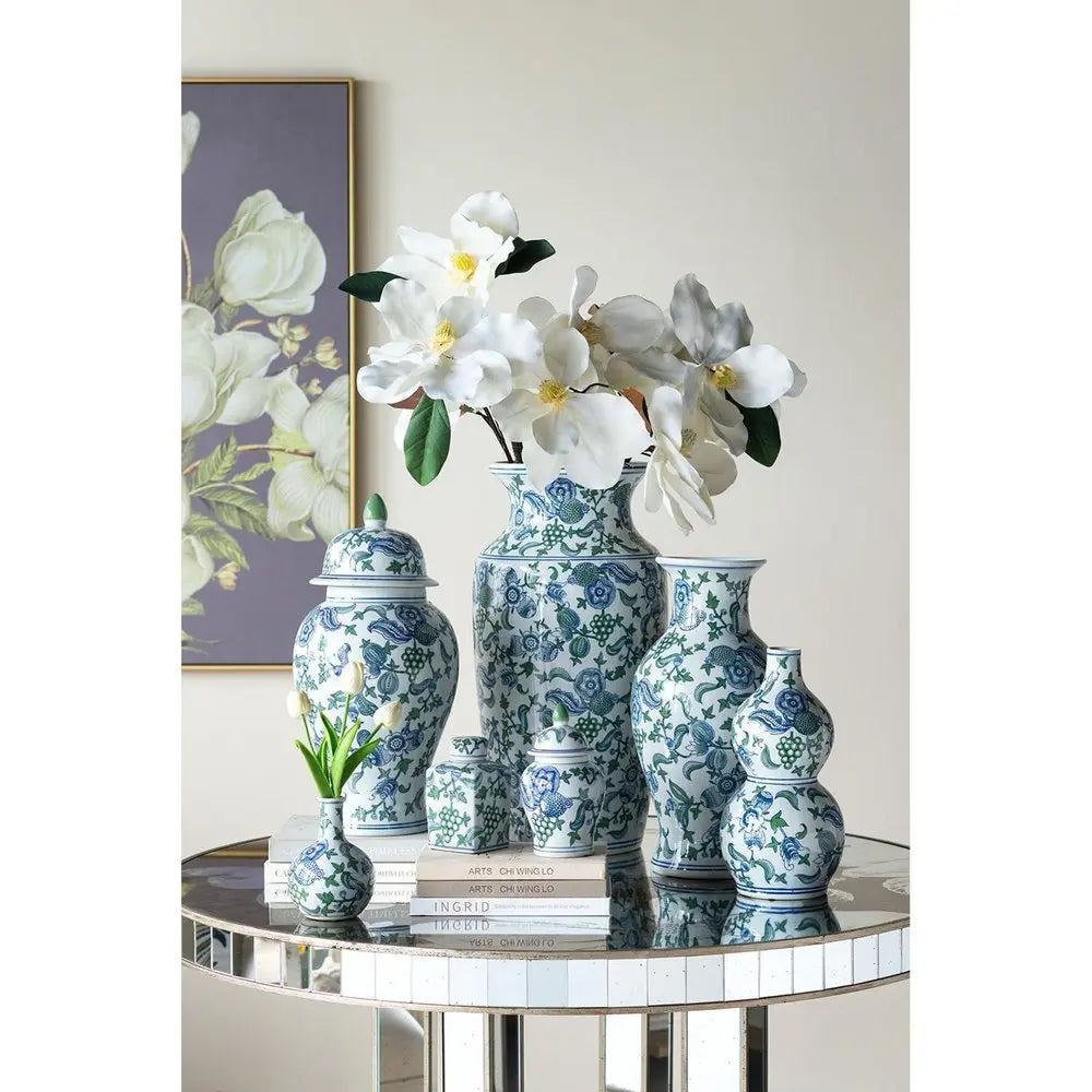 24" White Blue And Green And White Chinoiserie Porcelain Table Vase - NOBLE HOME INTERIORS