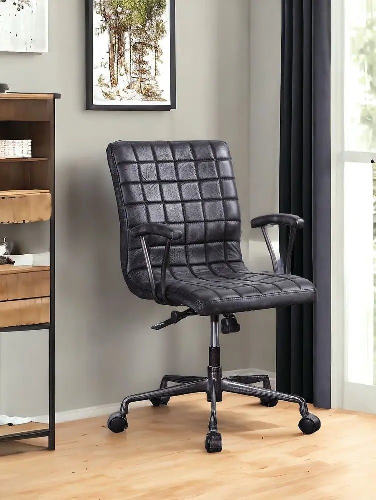 24" X 25" X 36" Vintage Black Top Grain Leather Aluminum Metal Upholstered (Seat) Casters Engineered Wood Executive Office Chair - NOBLE HOME INTERIORS