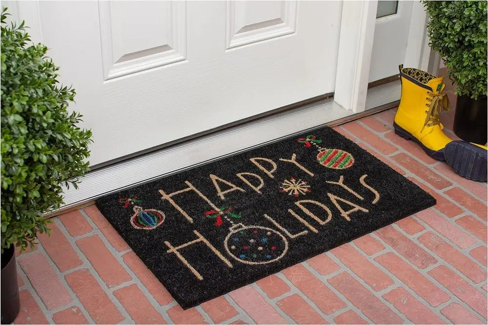 24" X 36" Black and Natural Coir Happy Holidays Outdoor Christmas Door Mat - NOBLE HOME INTERIORS