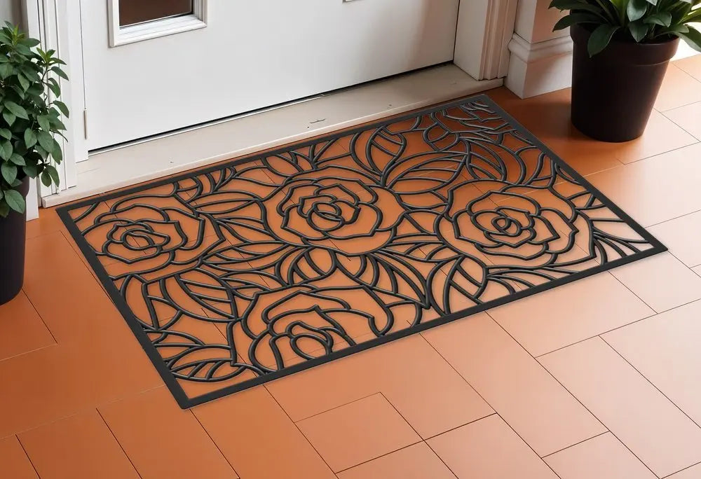 24" X 36" Black Floral Outdoor Rubber Door Mat - NOBLE HOME INTERIORS