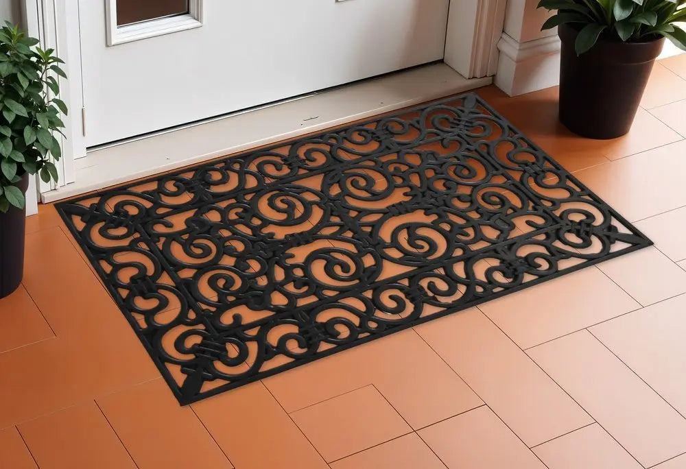 24" X 36" Black Scrollwork Outdoor Rubber Door Mat - NOBLE HOME INTERIORS