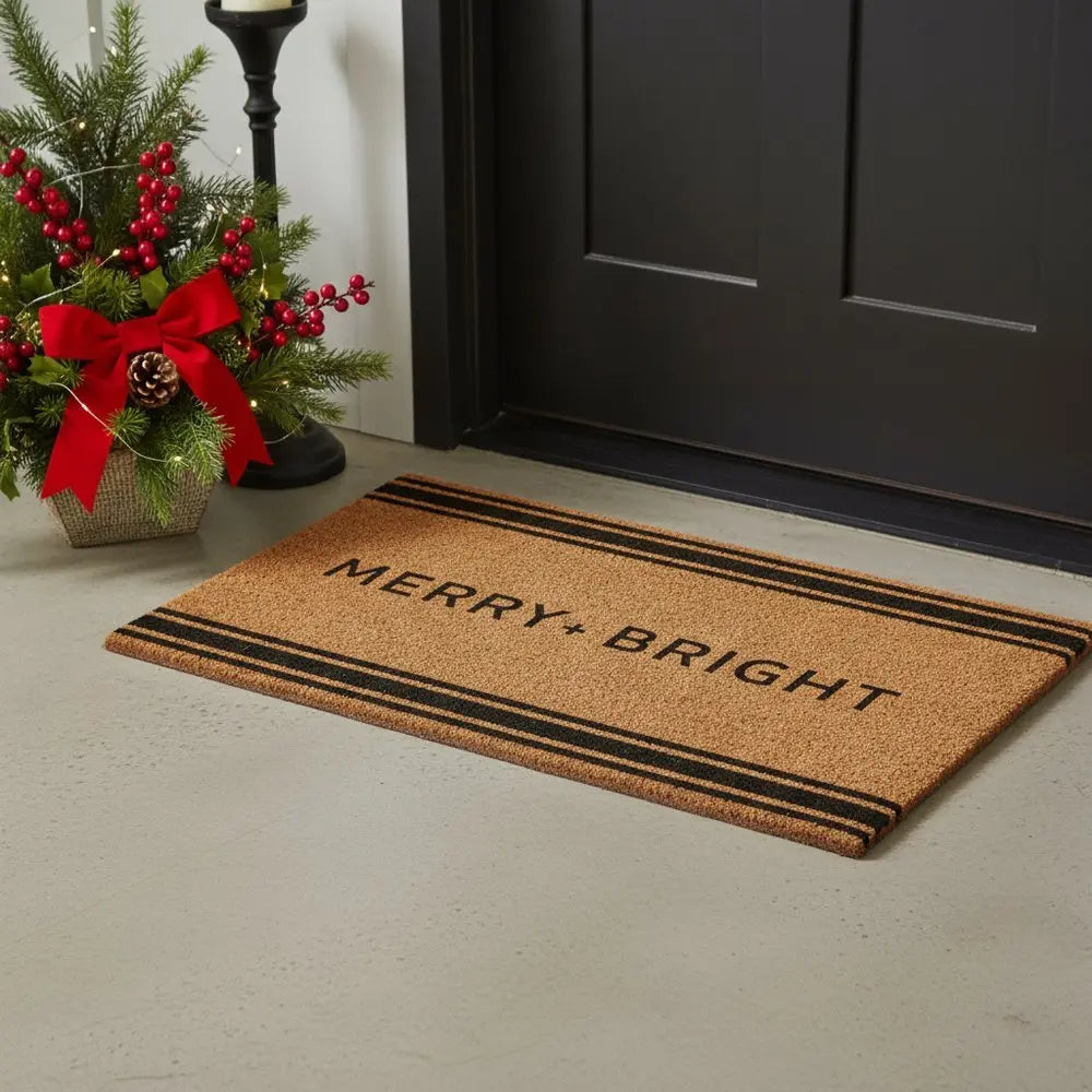 24" X 36" Brown And Black Christmas Merry and Bright Outdoor Coir Door Mat - NOVA HOME FURNITURE