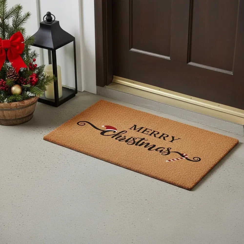 24" X 36" Brown And Black Christmas Merry Christmas Outdoor Coir Door Mat - NOVA HOME FURNITURE