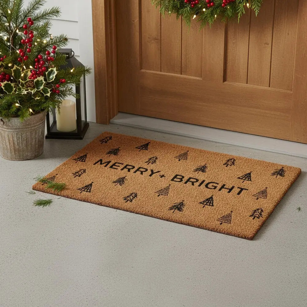 24" X 36" Brown And Black Christmas Trees Merry and Bright Outdoor Coir Door Mat - NOVA HOME FURNITURE