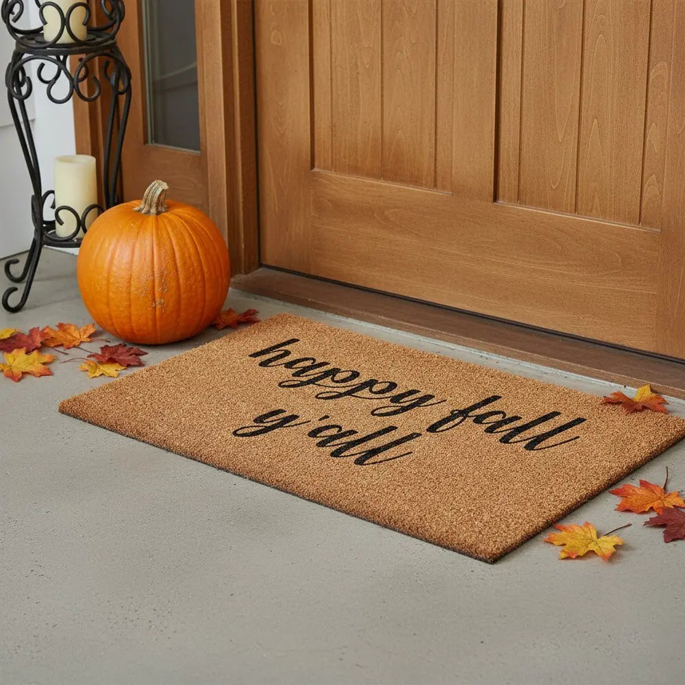 24" X 36" Brown And Natural Fall Happy Fall Y'all Outdoor Coir Door Mat - NOBLE HOME INTERIORS