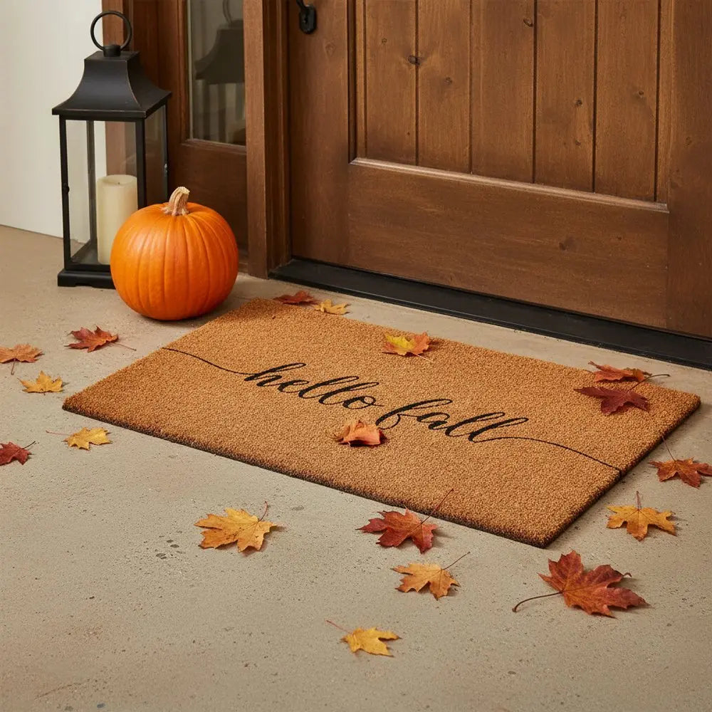 24" X 36" Brown And Natural Fall Hello Fall Outdoor Coir Door Mat - NOVA HOME FURNITURE