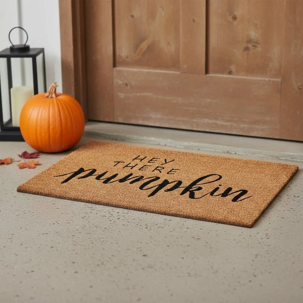24" X 36" Brown And Natural Fall Hey There Pumpkin Outdoor Coir Door Mat - NOVA HOME FURNITURE