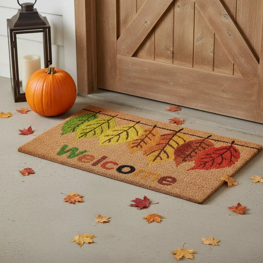24" X 36" Brown And Natural Fall Leaves Welcome Outdoor Coir Door Mat - NOVA HOME FURNITURE