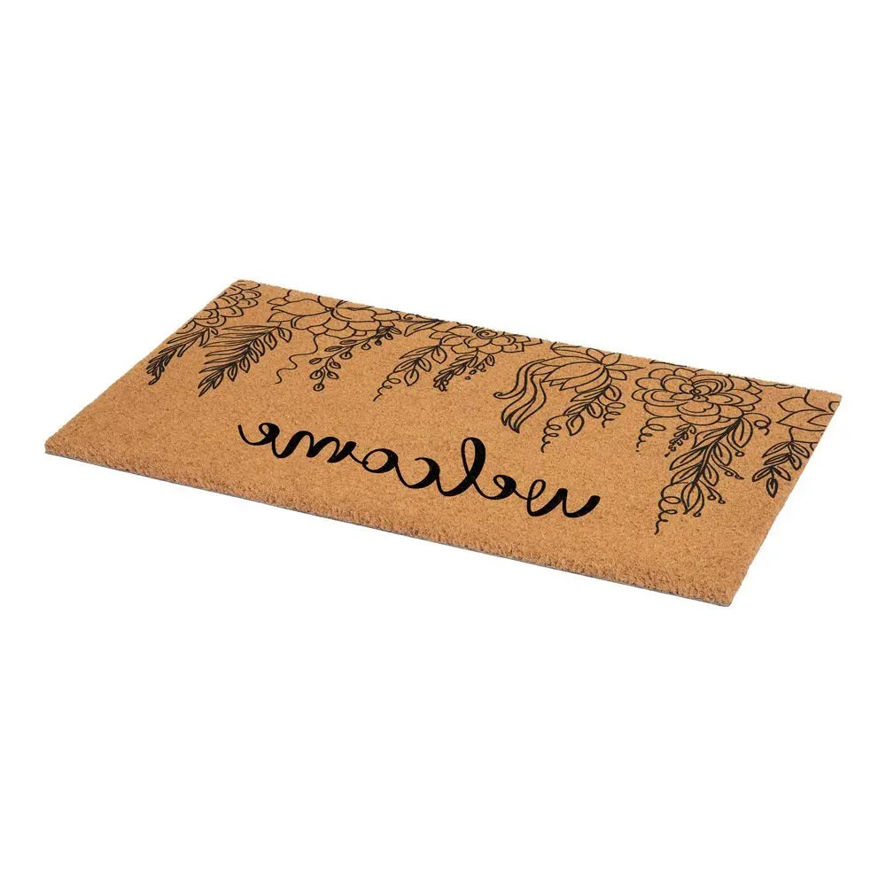 24" X 36" Brown And Natural Floral Welcome Outdoor Coir Door Mat - NOVA HOME FURNITURE