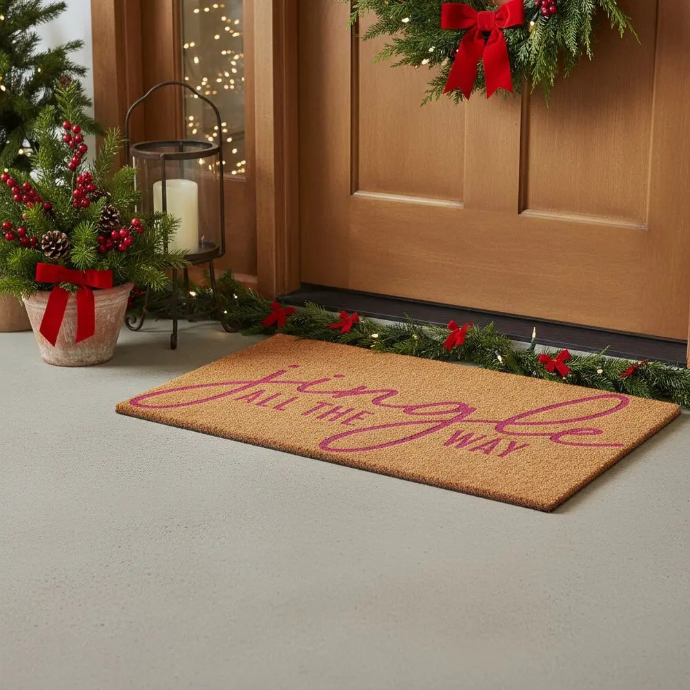 24" X 36" Brown And Pink Christmas Outdoor Coir Door Mat - NOVA HOME FURNITURE
