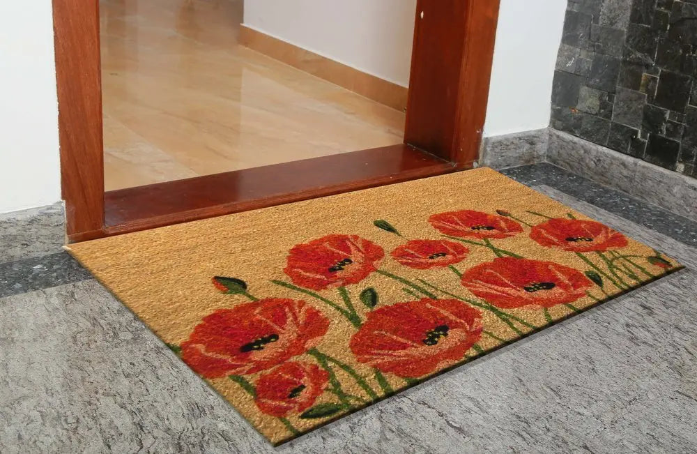 24" X 36" Brown and Red Coir Floral Outdoor Door Mat - NOBLE HOME INTERIORS