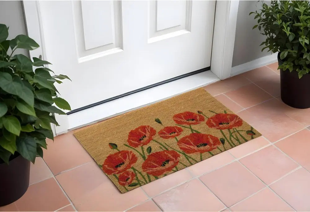 24" X 36" Brown and Red Coir Floral Outdoor Door Mat - NOBLE HOME INTERIORS