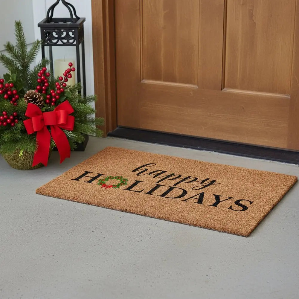 24" X 36" Brown Black And Green Christmas Happy Holidays Outdoor Coir Door Mat - NOVA HOME FURNITURE