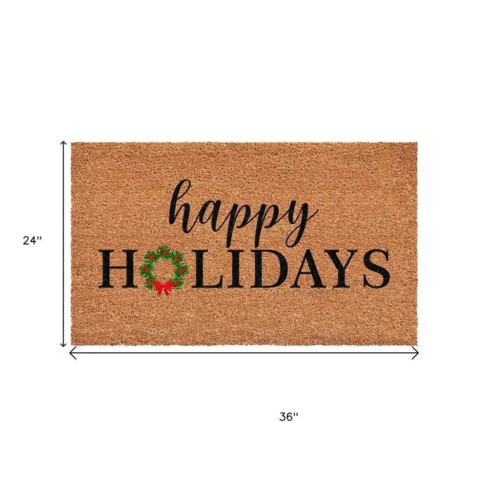 24" X 36" Brown Black And Green Christmas Happy Holidays Outdoor Coir Door Mat - NOVA HOME FURNITURE