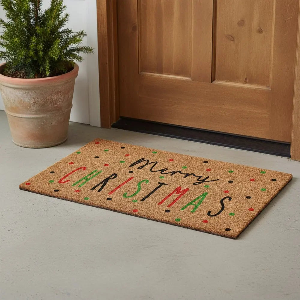 24" X 36" Brown Black And Green Merry Christmas Outdoor Coir Door Mat - NOVA HOME FURNITURE