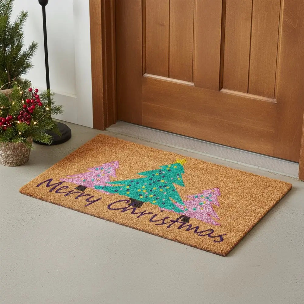 24" X 36" Brown Green And Pink Christmas Trees Merry Christmas Outdoor Coir Door Mat - NOVA HOME FURNITURE