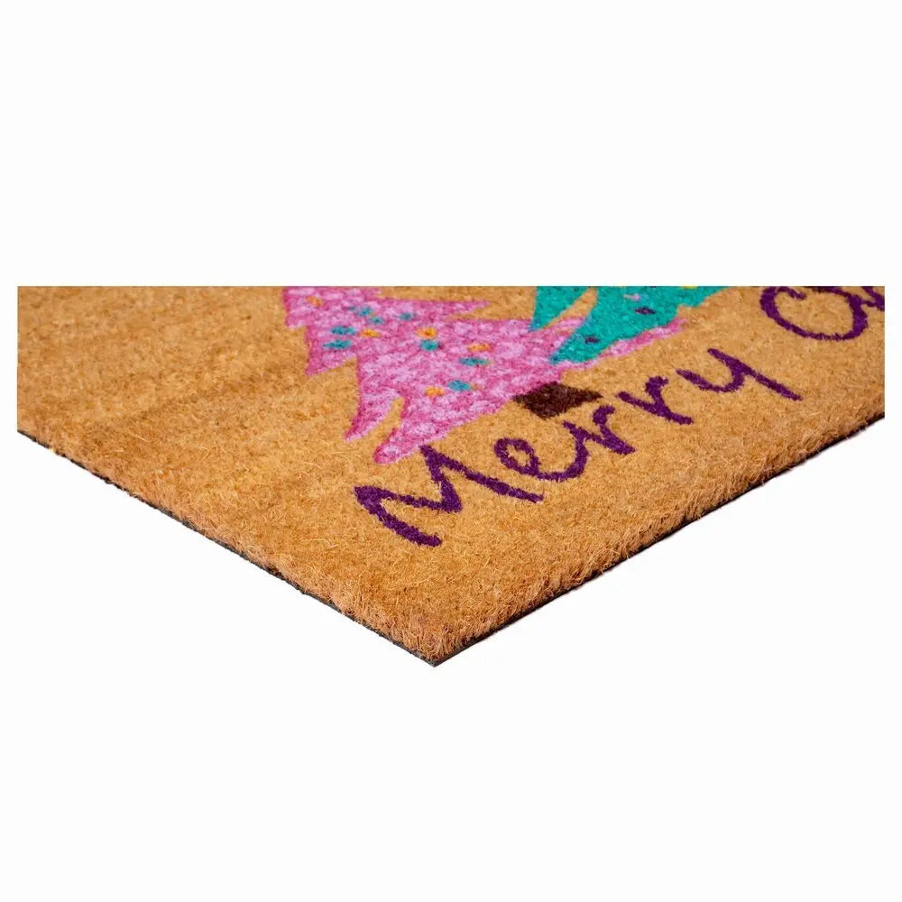 24" X 36" Brown Green And Pink Christmas Trees Merry Christmas Outdoor Coir Door Mat - NOVA HOME FURNITURE