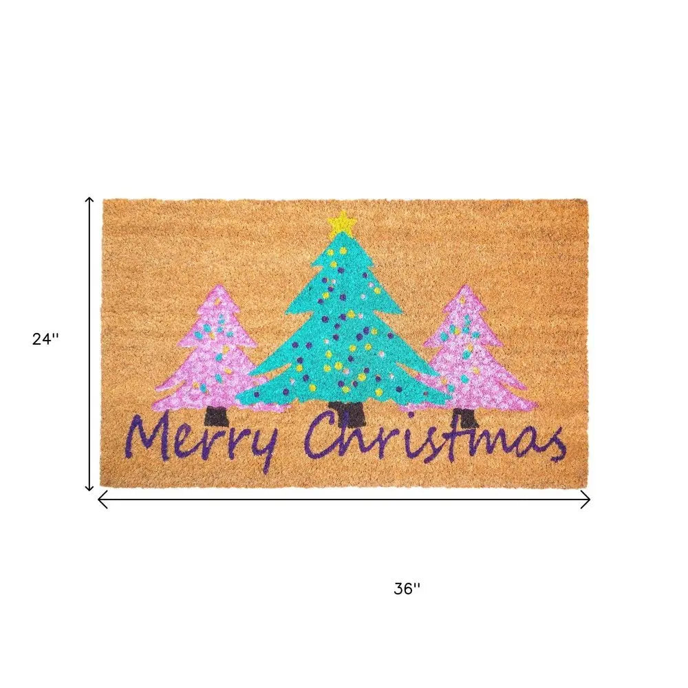 24" X 36" Brown Green And Pink Christmas Trees Merry Christmas Outdoor Coir Door Mat - NOVA HOME FURNITURE