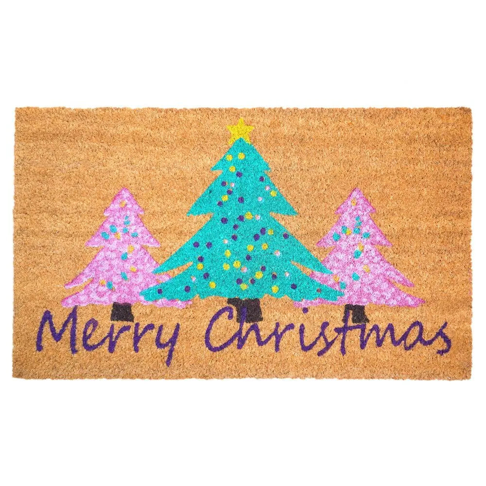 24" X 36" Brown Green And Pink Christmas Trees Merry Christmas Outdoor Coir Door Mat - NOVA HOME FURNITURE