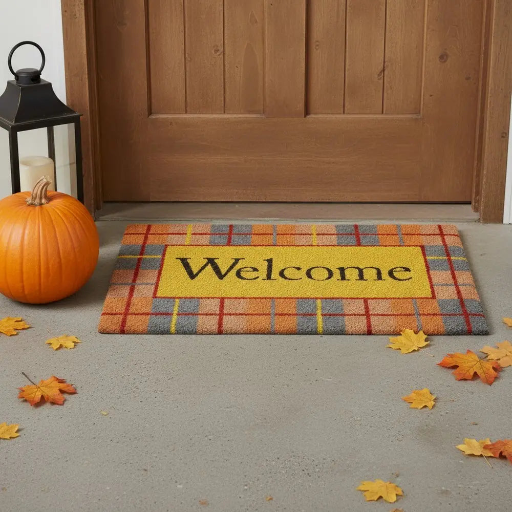 24" X 36" Gray Orange And Yellow Fall Plaid Welcome Outdoor Coir Door Mat - NOBLE HOME INTERIORS
