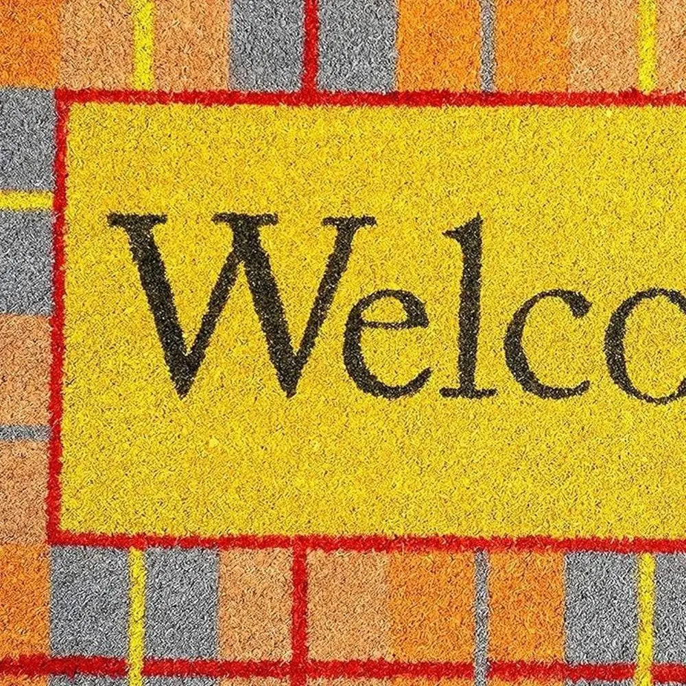 24" X 36" Gray Orange And Yellow Fall Plaid Welcome Outdoor Coir Door Mat - NOBLE HOME INTERIORS