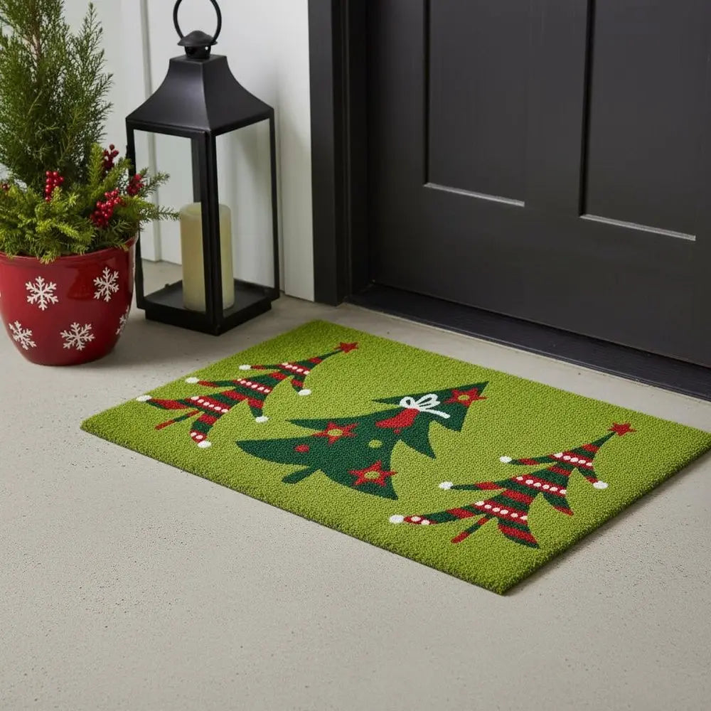 24" X 36" Green And Red Christmas Trees Outdoor Coir Door Mat - NOBLE HOME INTERIORS