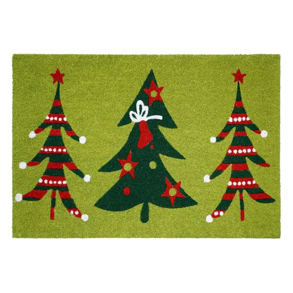 24" X 36" Green And Red Christmas Trees Outdoor Coir Door Mat - NOBLE HOME INTERIORS