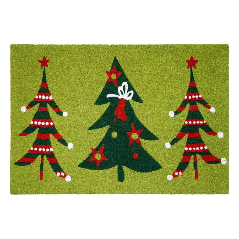 24" X 36" Green And Red Christmas Trees Outdoor Coir Door Mat - NOBLE HOME INTERIORS