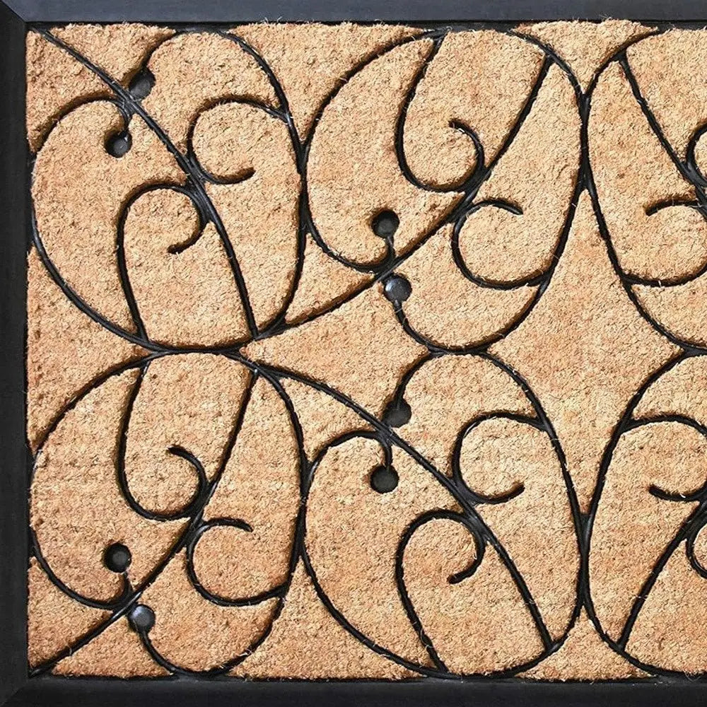 24" X 36" Natural and Black Coir Botanical Leaves Outdoor Door Mat - NOBLE HOME INTERIORS