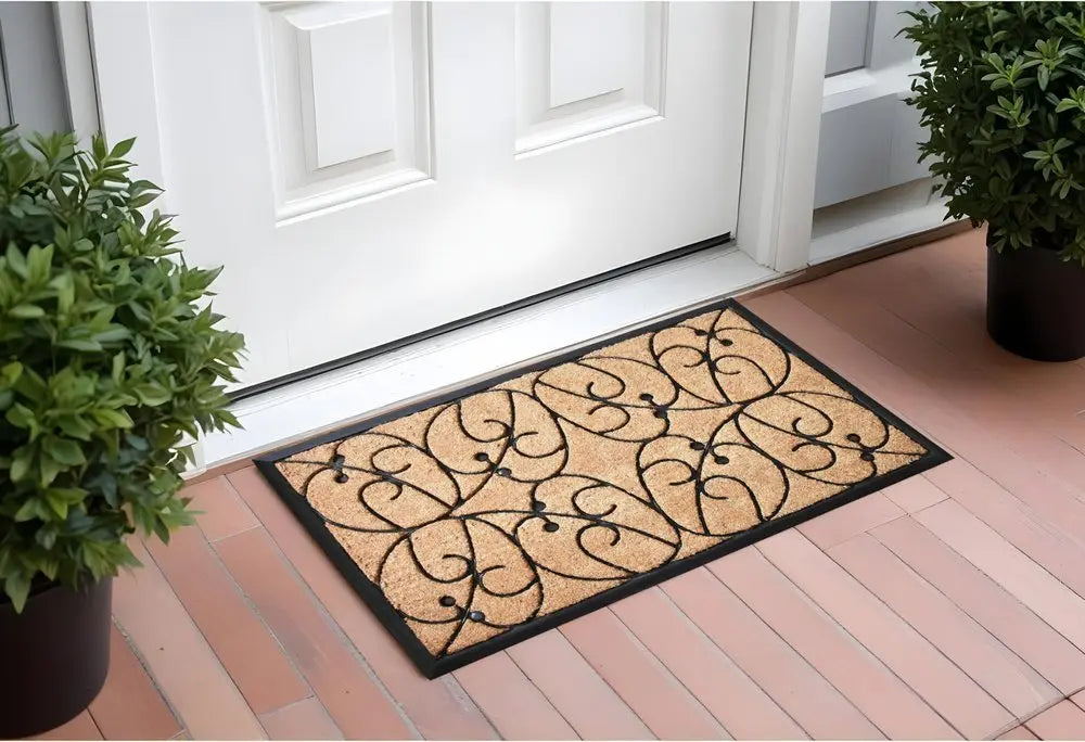 24" X 36" Natural and Black Coir Botanical Leaves Outdoor Door Mat - NOBLE HOME INTERIORS