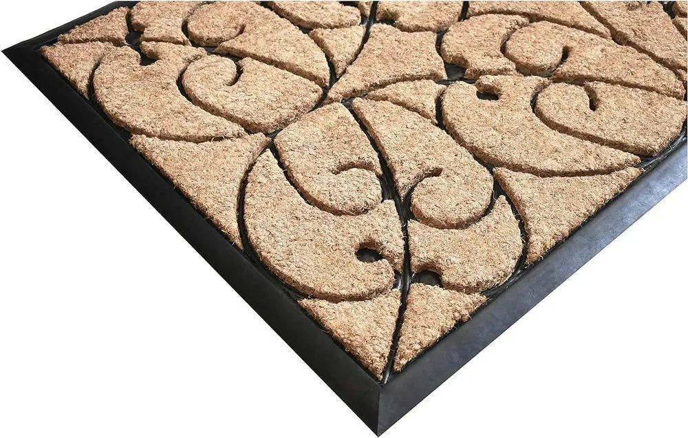 24" X 36" Natural and Black Coir Botanical Leaves Outdoor Door Mat - NOBLE HOME INTERIORS