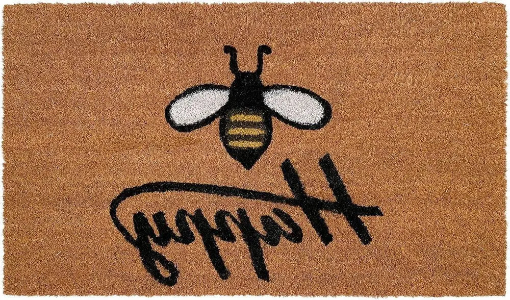 24" X 36" Natural and Black Coir Bumblee Bee Happy Outdoor Door Mat - NOBLE HOME INTERIORS