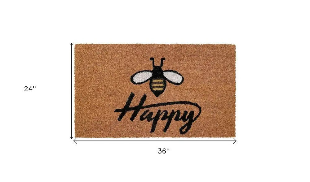 24" X 36" Natural and Black Coir Bumblee Bee Happy Outdoor Door Mat - NOBLE HOME INTERIORS