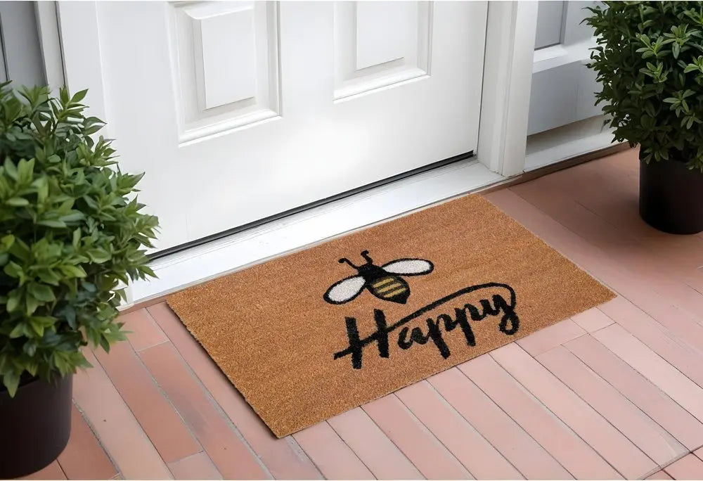 24" X 36" Natural and Black Coir Bumblee Bee Happy Outdoor Door Mat - NOBLE HOME INTERIORS
