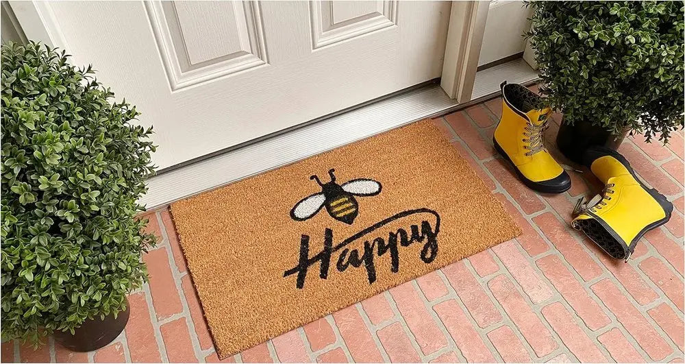 24" X 36" Natural and Black Coir Bumblee Bee Happy Outdoor Door Mat - NOBLE HOME INTERIORS