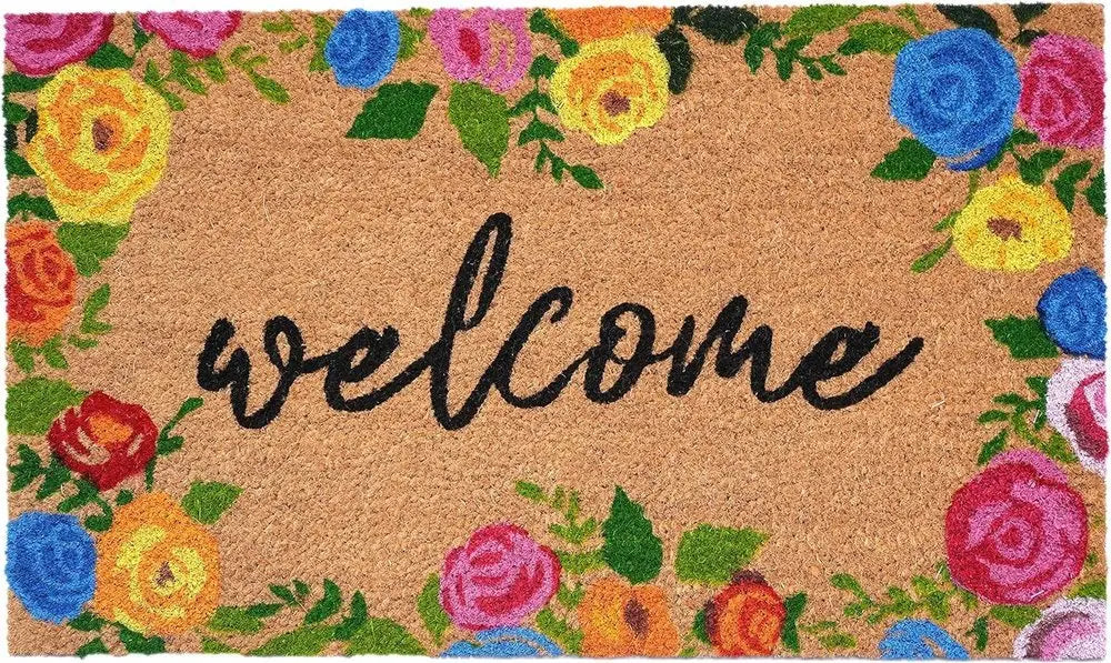 24" X 36" Natural and Black Coir Floral Welcome Outdoor Door Mat - NOBLE HOME INTERIORS