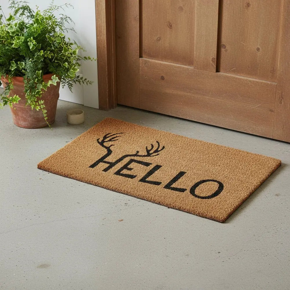24" X 36" Natural And Black Hello With Antlers Outdoor Coir Door Mat - NOVA HOME FURNITURE