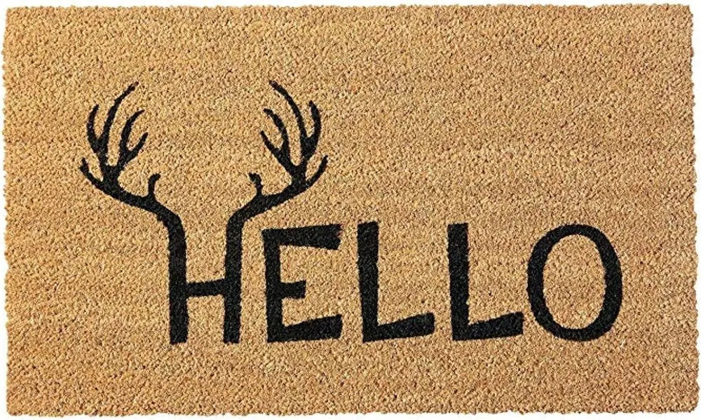 24" X 36" Natural And Black Hello With Antlers Outdoor Coir Door Mat - NOVA HOME FURNITURE