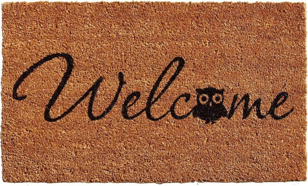 24" X 36" Natural And Black Owl Welcome Outdoor Coir Door Mat - NOBLE HOME INTERIORS
