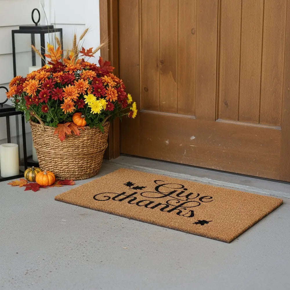 24" X 36" Natural And Brown Thanksgiving Give Thanks Outdoor Coir Door Mat - NOVA HOME FURNITURE