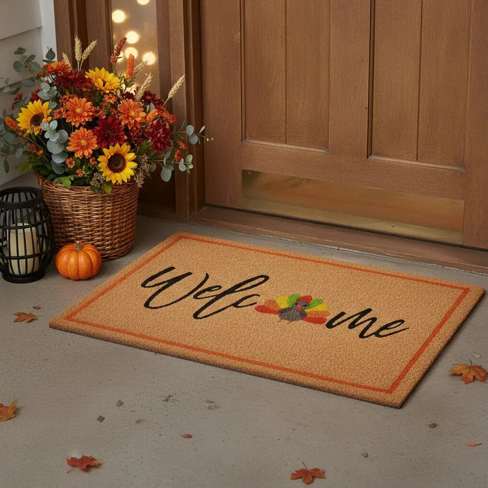 24" X 36" Natural And Brown Thanksgiving Welcome Outdoor Coir Door Mat - NOVA HOME FURNITURE