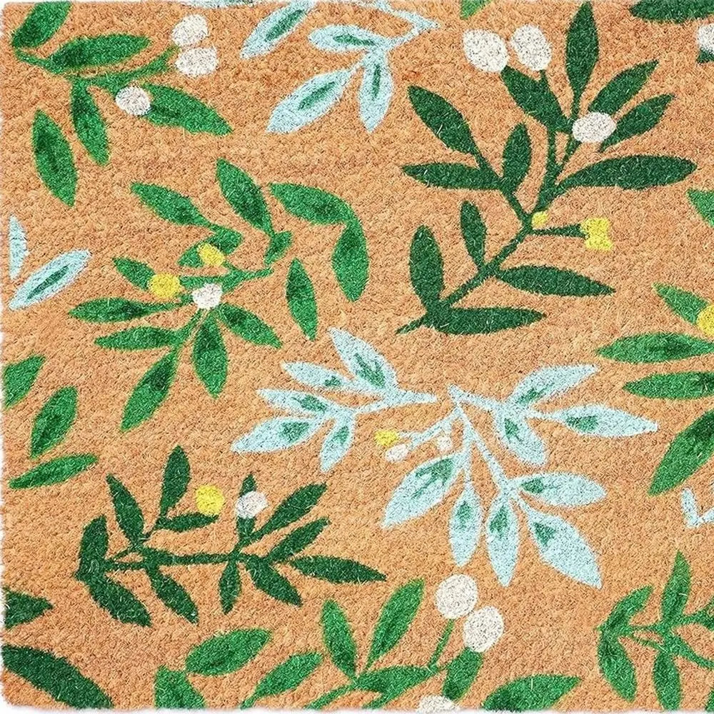 24" X 36" Natural And Green Botanical Leaves Outdoor Coir Door Mat - NOBLE HOME INTERIORS