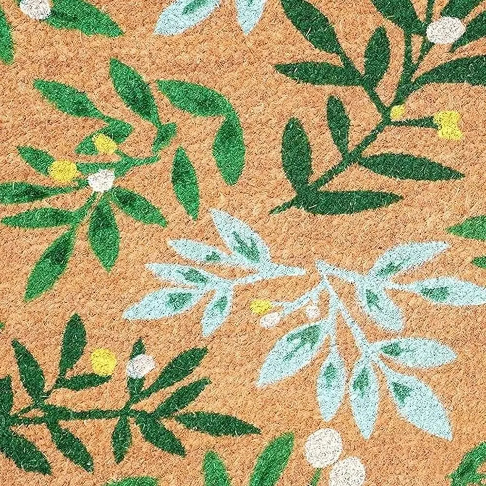 24" X 36" Natural And Green Botanical Leaves Outdoor Coir Door Mat - NOBLE HOME INTERIORS